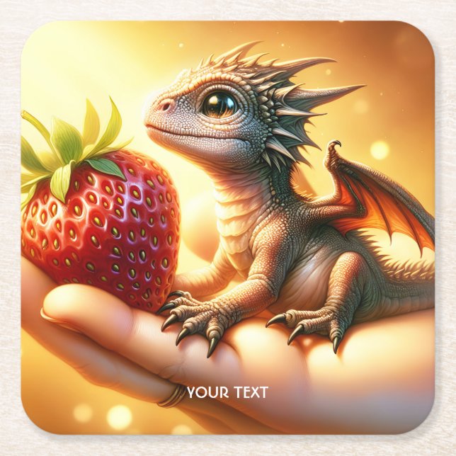 Fantasy Cute  Baby Dragon Strawberry Square Paper Coaster (Front)