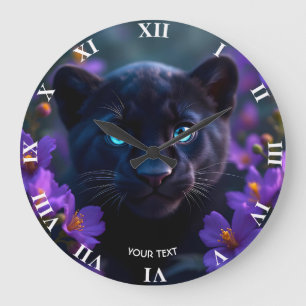 Fantasy Cute Baby Panther Flowers Large Clock