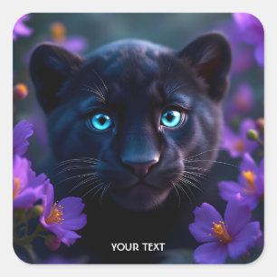 Fantasy Cute Baby Panther Flowers Square Sticker