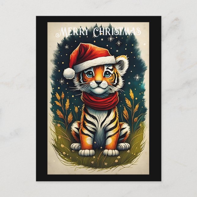 Fantasy Cute Baby Tiger Santa Christmas Postcard (Front)
