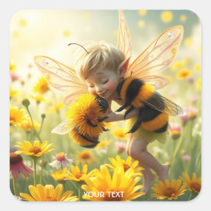 Fantasy Cute Bee Flowers Kiss Square Sticker