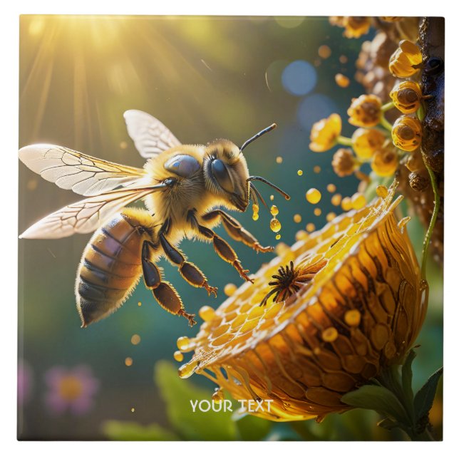 Fantasy Cute Bee Flowers Sun Tile (Front)