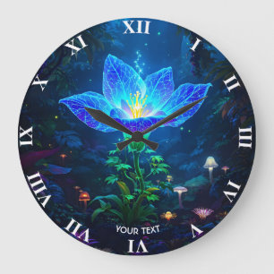 Fantasy Cute Bioluminescent Blue Flower Large Clock