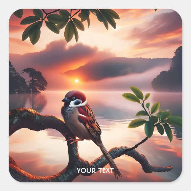 Fantasy Cute Bird Branch Lake Square Sticker (Front)