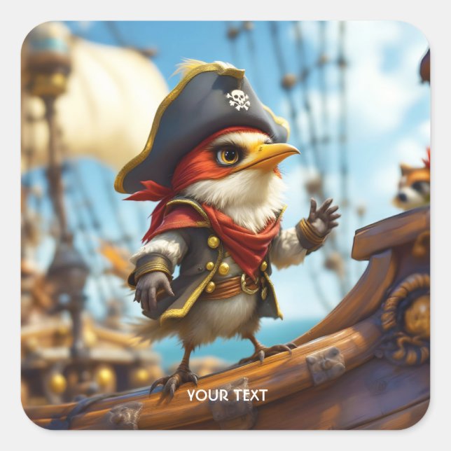 Fantasy Cute Bird Captain Pirate Square Sticker (Front)