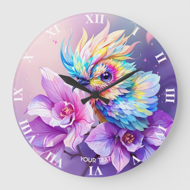 Fantasy Cute Bird Pink Orchid Large Clock (Front)