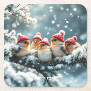 Fantasy Cute Birds Hat Snow Square Paper Coaster