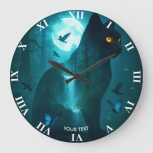 Fantasy Cute Black Surreal Cat Large Clock
