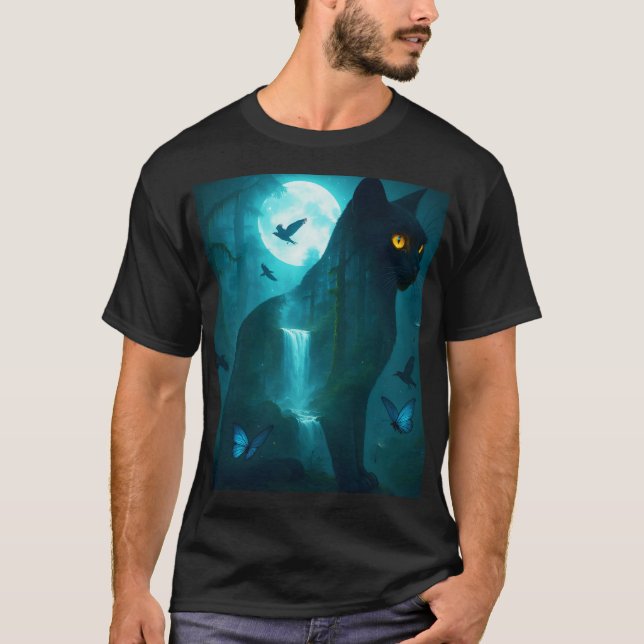 Fantasy Cute Black Surreal Cat T-Shirt (Front)