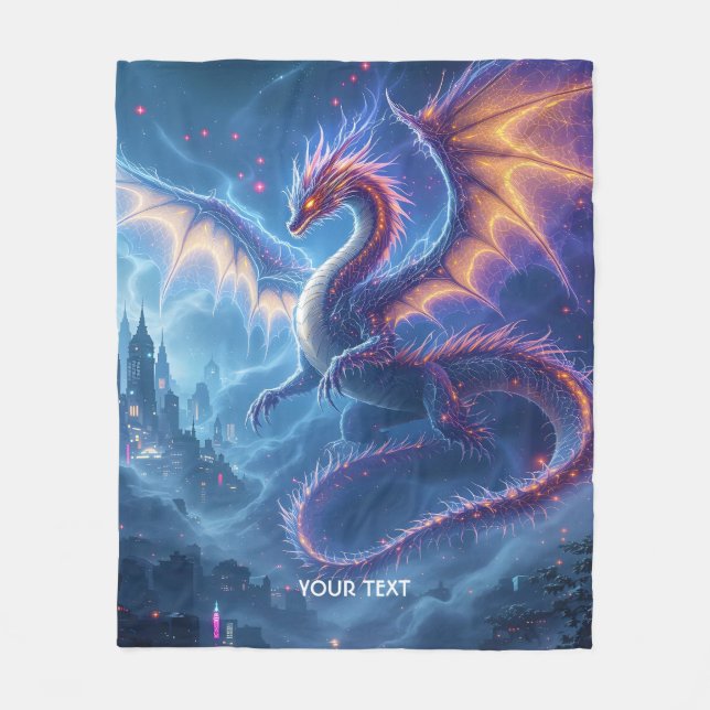Fantasy Cute Blue Dragon City Fleece Blanket (Front)