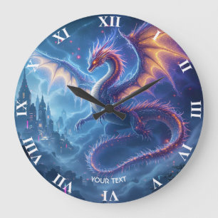 Fantasy Cute Blue Dragon City Large Clock