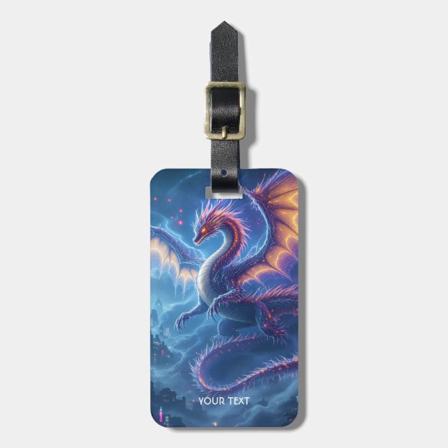 Fantasy Cute Blue Dragon City Luggage Tag (Front Vertical)