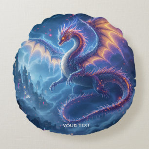 Fantasy Cute Blue Dragon City Round Cushion