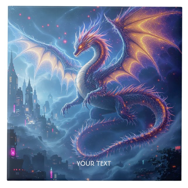 Fantasy Cute Blue Dragon City Tile (Front)