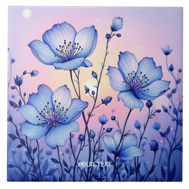 Fantasy Cute  Blue Flowers Field Tile (Front)