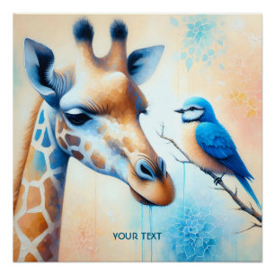 Fantasy Cute Blue Giraffe Bird Poster