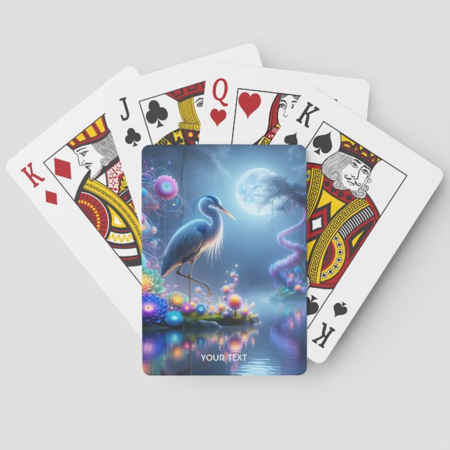 Fantasy Cute Blue Heron Lake Playing Cards (Back)