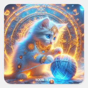 Fantasy Cute Blue Kitten Fireflakes Square Sticker