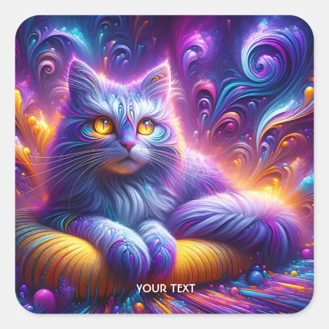 Fantasy Cute Blue Purple Cat Square Sticker (Front)