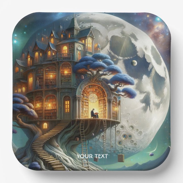 Fantasy Cute Boy Moon Library Paper Plate (Front)