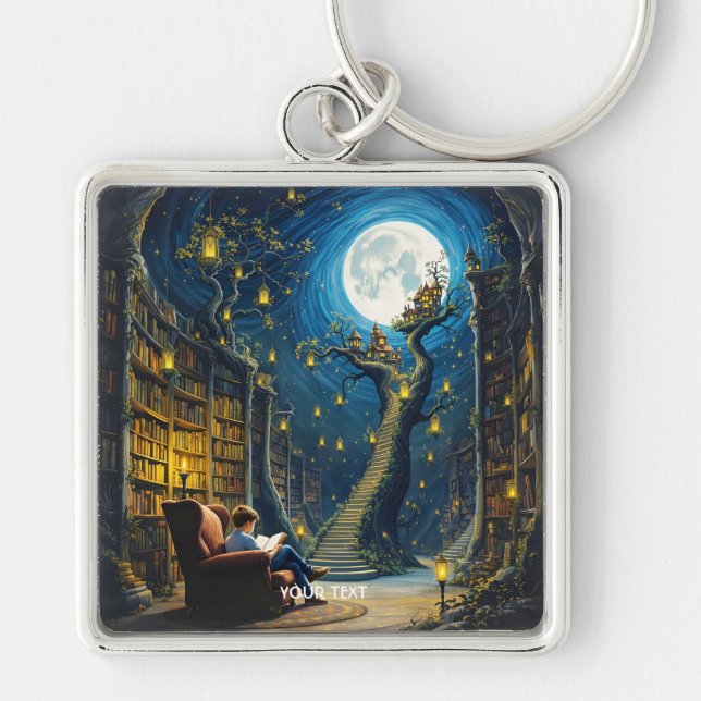 Fantasy Cute Boy Tree Library Key Ring (Front)