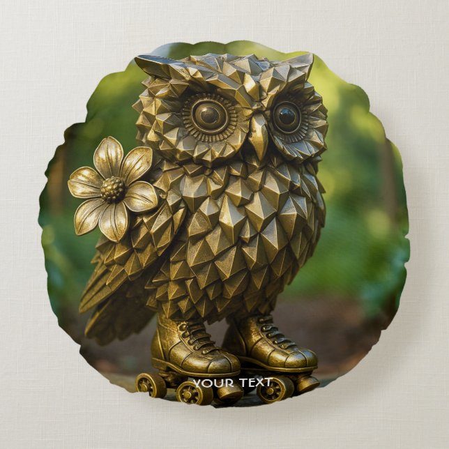 Fantasy Cute Brass Owl Skates Round Cushion (Front)