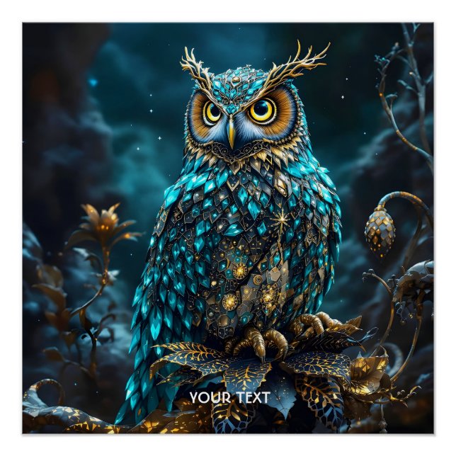 Fantasy Cute Brass Turquoise Owl Poster (Front)
