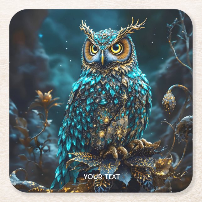 Fantasy Cute Brass Turquoise Owl Square Paper Coaster (Front)