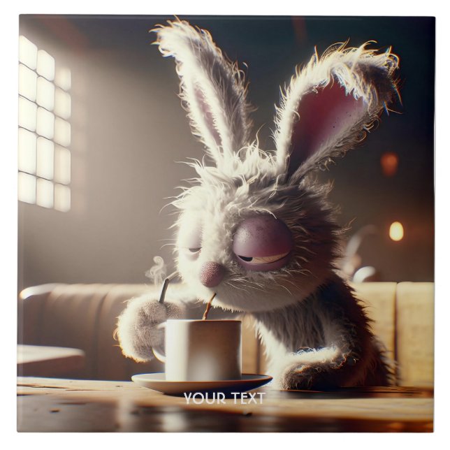 Fantasy Cute Bunny Drinking Coffee Tile (Front)