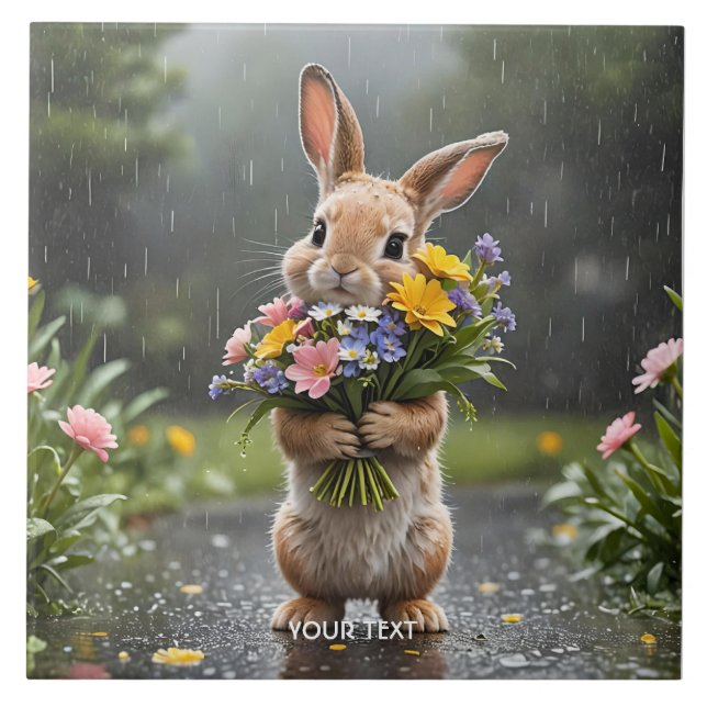 Fantasy Cute Bunny Flowers Rain Tile (Front)