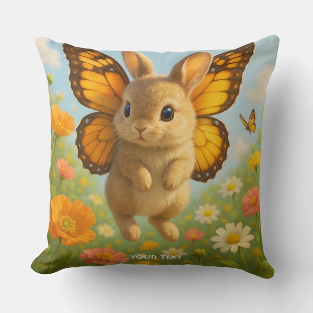 Fantasy Cute Bunny Flowers Wings Cushion (Front)