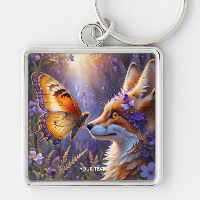 Fantasy Cute Butterfly Fox Flowers Key Ring (Front)