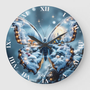 Fantasy Cute Butterfly Mushrooms Winter Large Clock