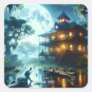 Fantasy Cute Cabin Lake Crocodile Square Sticker