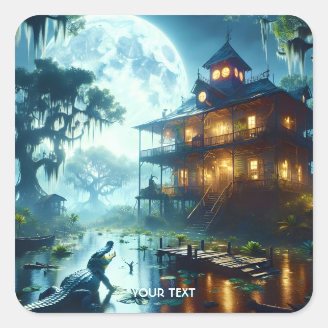 Fantasy Cute Cabin Lake Crocodile Square Sticker (Front)