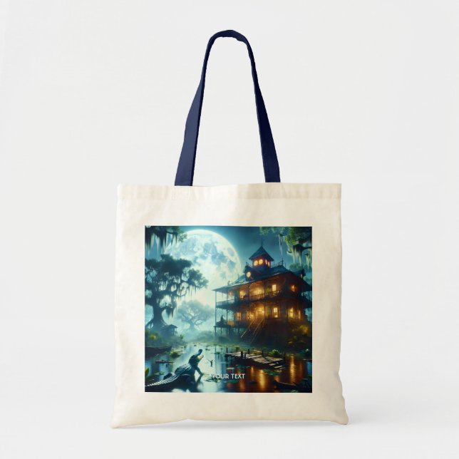 Fantasy Cute Cabin Lake Crocodile Tote Bag (Front)