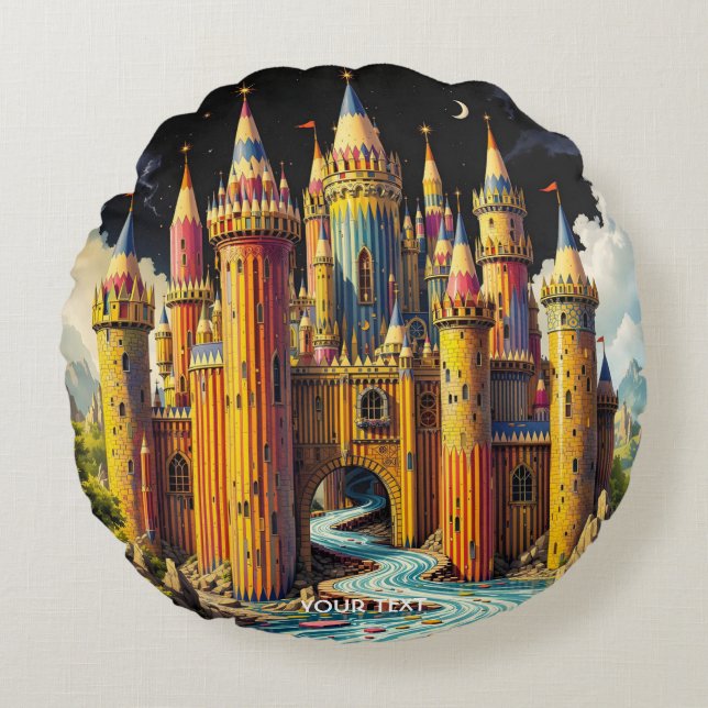 Fantasy Cute Castle From Pencils Round Cushion (Front)