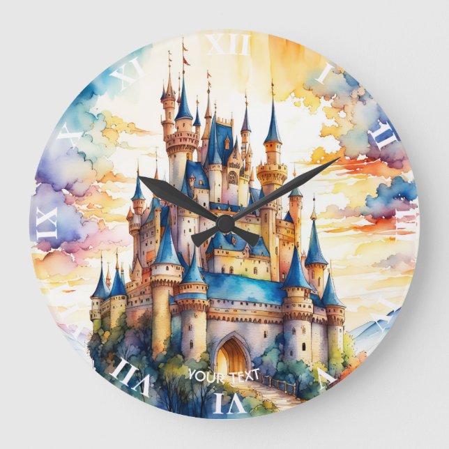 Fantasy Cute Castle Watercolor Forest Large Clock (Front)