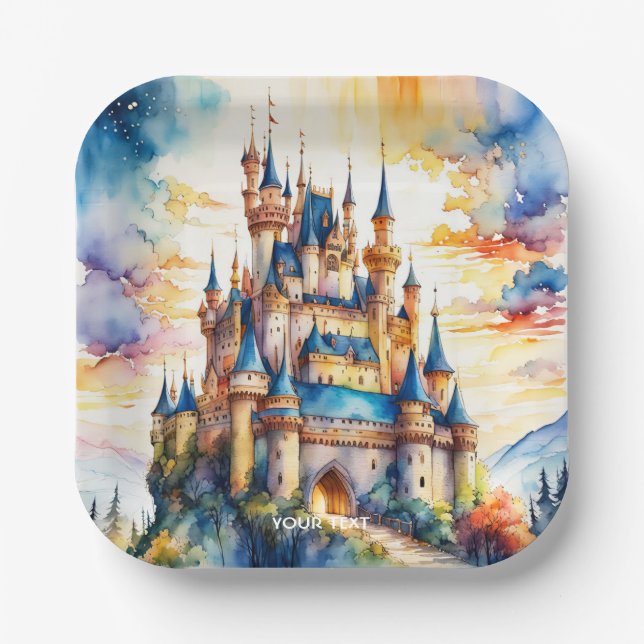 Fantasy Cute Castle Watercolor Forest Paper Plate (Front)