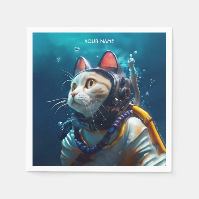 Fantasy Cute Cat Diver Diving Napkin (Front)