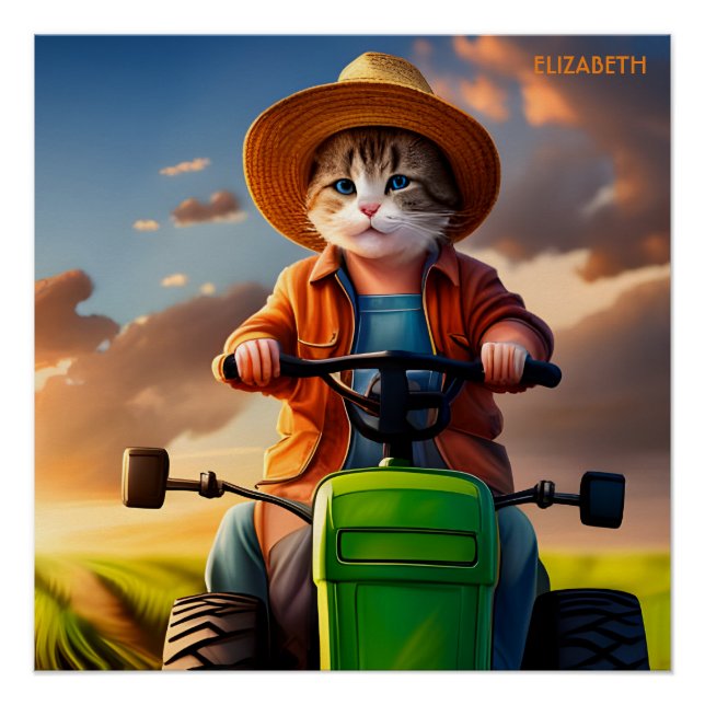 Fantasy Cute Cat Driving Tractor Poster (Front)
