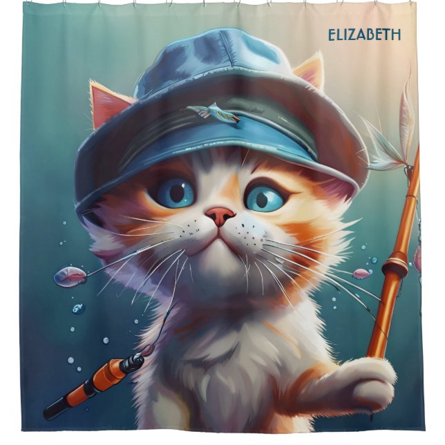 Fantasy Cute Cat Fishing Rod Shower Curtain (Front)