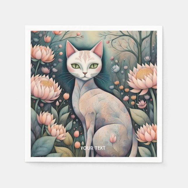 Fantasy Cute Cat Flowers Forest Napkin (Front)