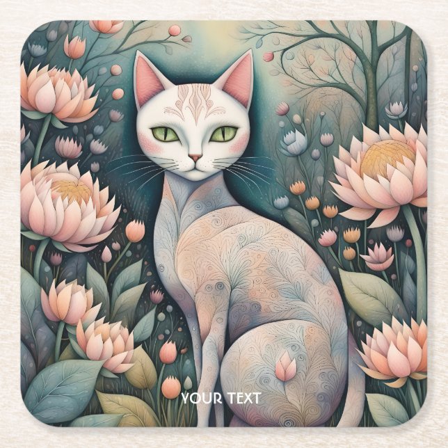 Fantasy Cute Cat Flowers Forest Square Paper Coaster (Front)
