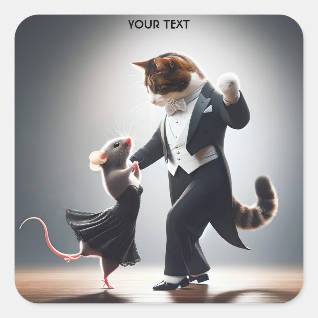 Fantasy Cute Cat Mouse Tango Square Sticker (Front)