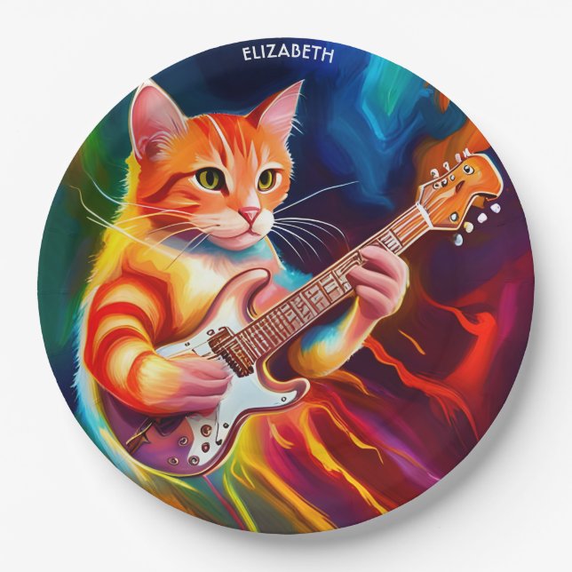 Fantasy Cute Cat Playing Guitar Paper Plate (Front)
