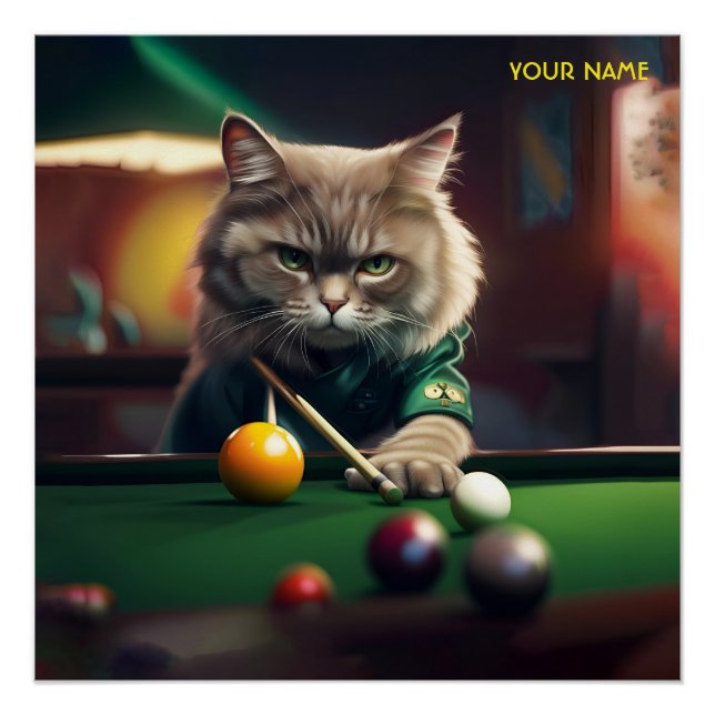 Fantasy Cute Cat Playing Snooker Poster (Front)