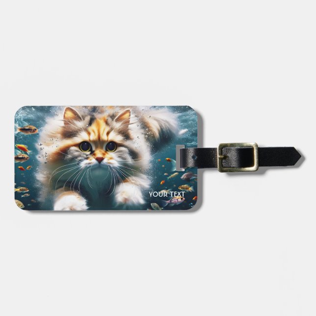 Fantasy Cute Cat Swimming Underwater Luggage Tag (Front Horizontal)
