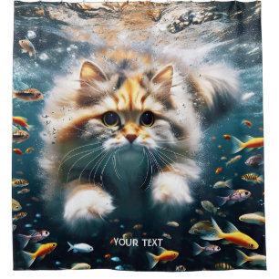 Fantasy Cute Cat Swimming Underwater Shower Curtain