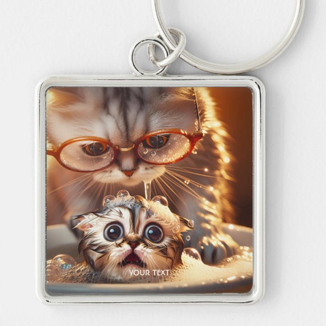 Fantasy Cute Cat Washing Kitten Key Ring (Front)